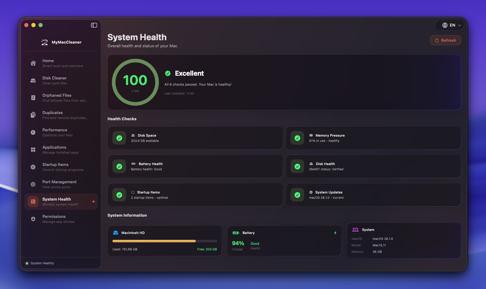 System Health screenshot